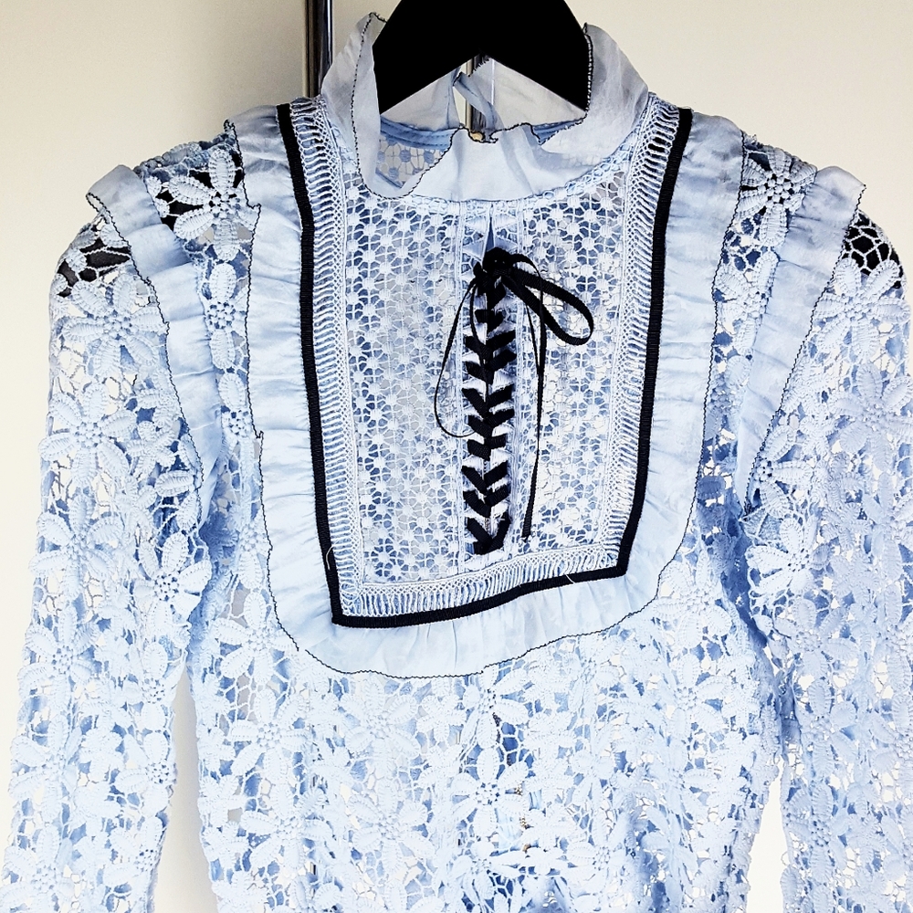 Roselani💙Blue Ruffle Crochet Top W/Long Sleeve - Picture 3 of 10